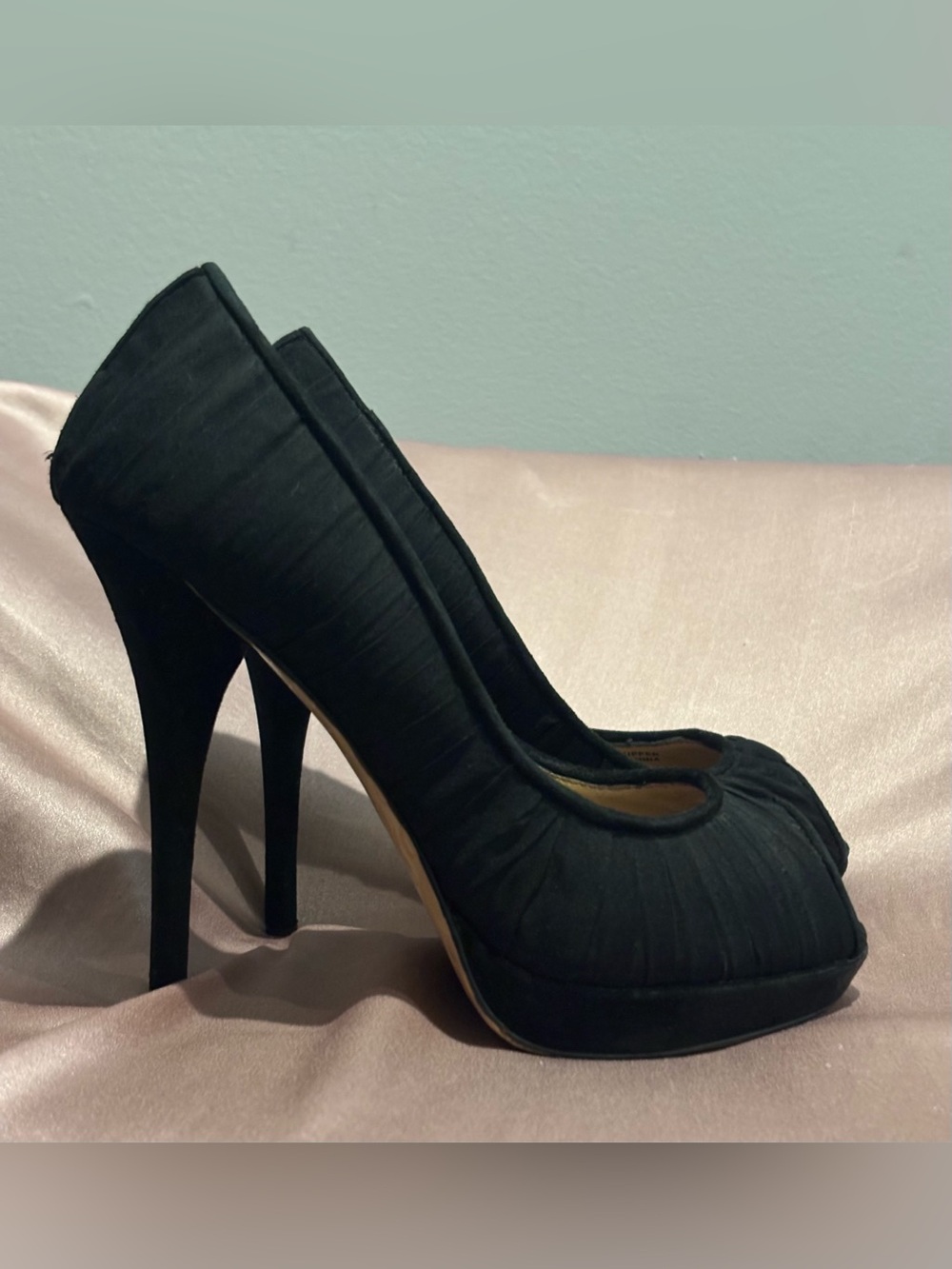 Betsey Johnson Black Winona Satin Platform Peep-Toe Pumps